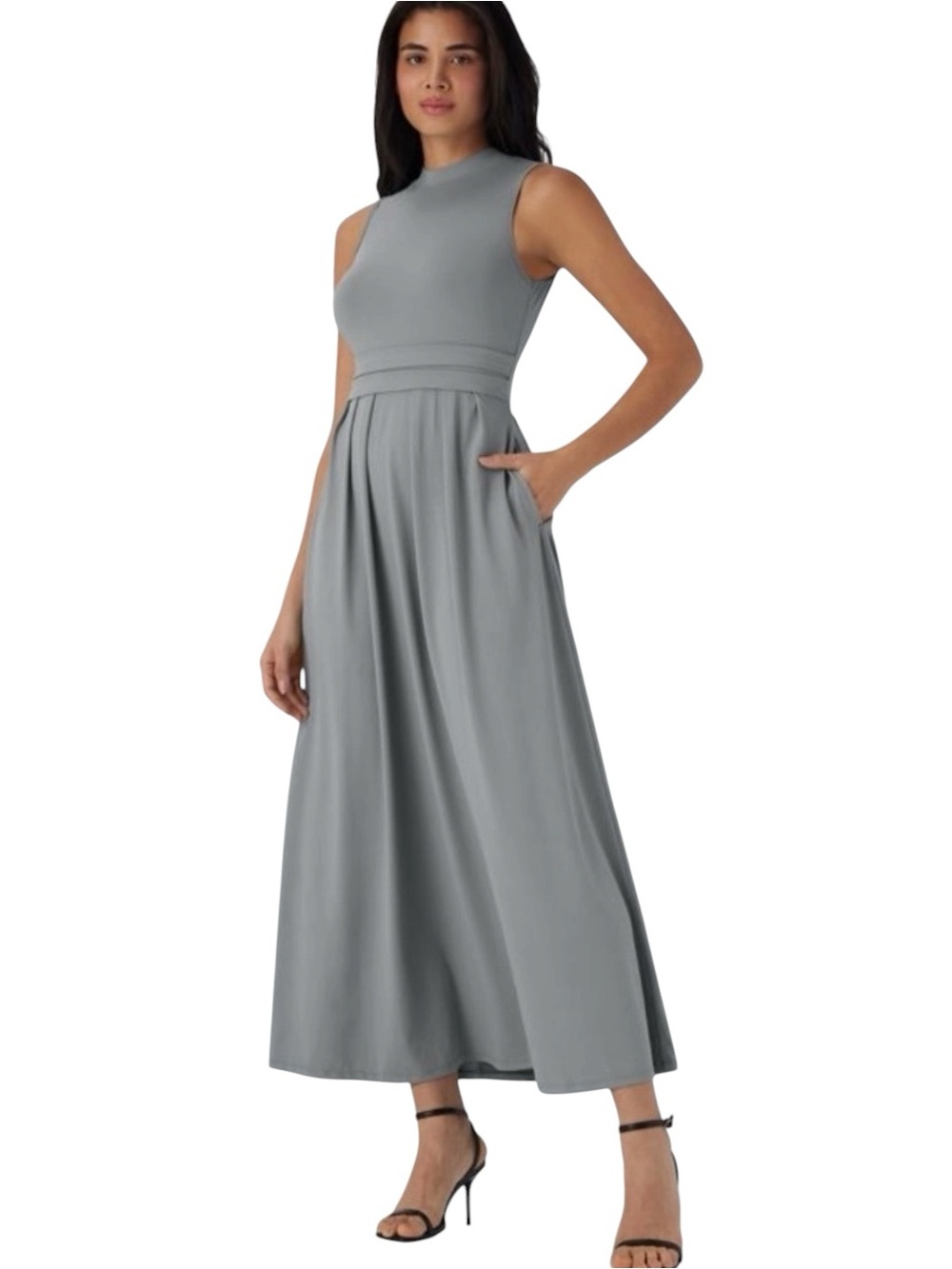 Halara Stand Collar Sleeveless Flare Maxi Casual Dress NWT L Grey Pockets